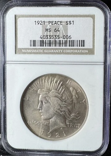 1921 Peace Dollar $1, High Relief, Key Date, NGc Fatty Holder MS 64 #535006