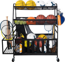 Ball Storage Bin Rolling Sports Ball Cart, Metal Garage Organizer Sport Rack Bas