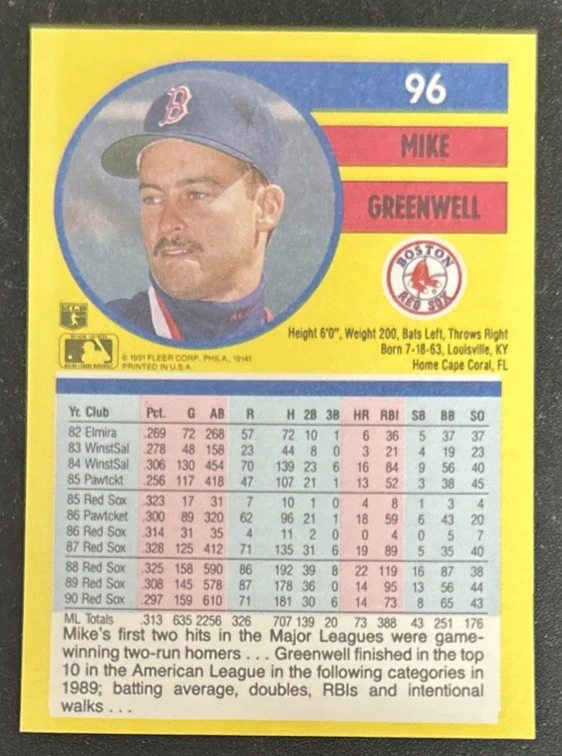 Tarjeta de béisbol Fleer Mike Greenwell 1991 #96 Medias Rojas DE MUY BUEN ESTADO O/C Foto 2 de 2