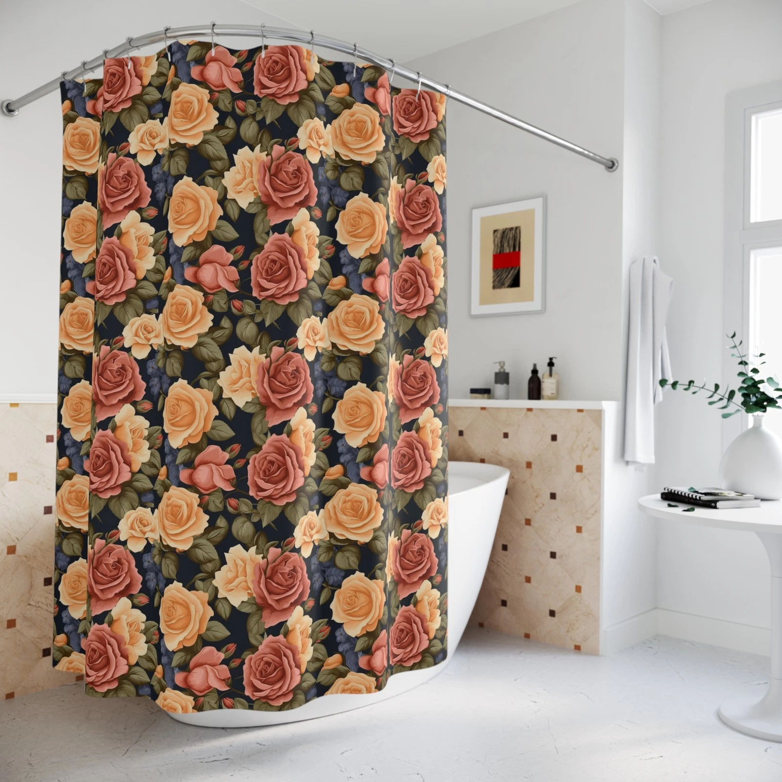 Vintage Rose Pattern Shower Curtain, Floral Bathroom Decor