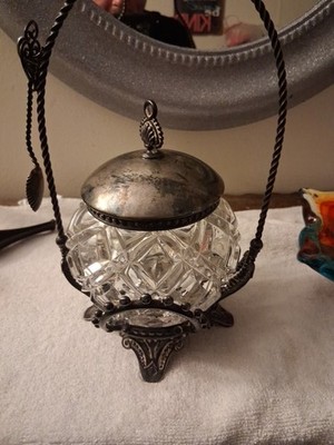 vintage silver and diamond cut crystal sugar bowl with caddy and spoon