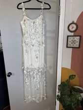 Vintage Y2K Beaded Cache Prom Event Dress Cream Shear Sequins Floral Size 10