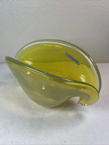 Vtg Murano Cenedese Glass Label  Yellow Shell Vase Bowl Art Glass MCM