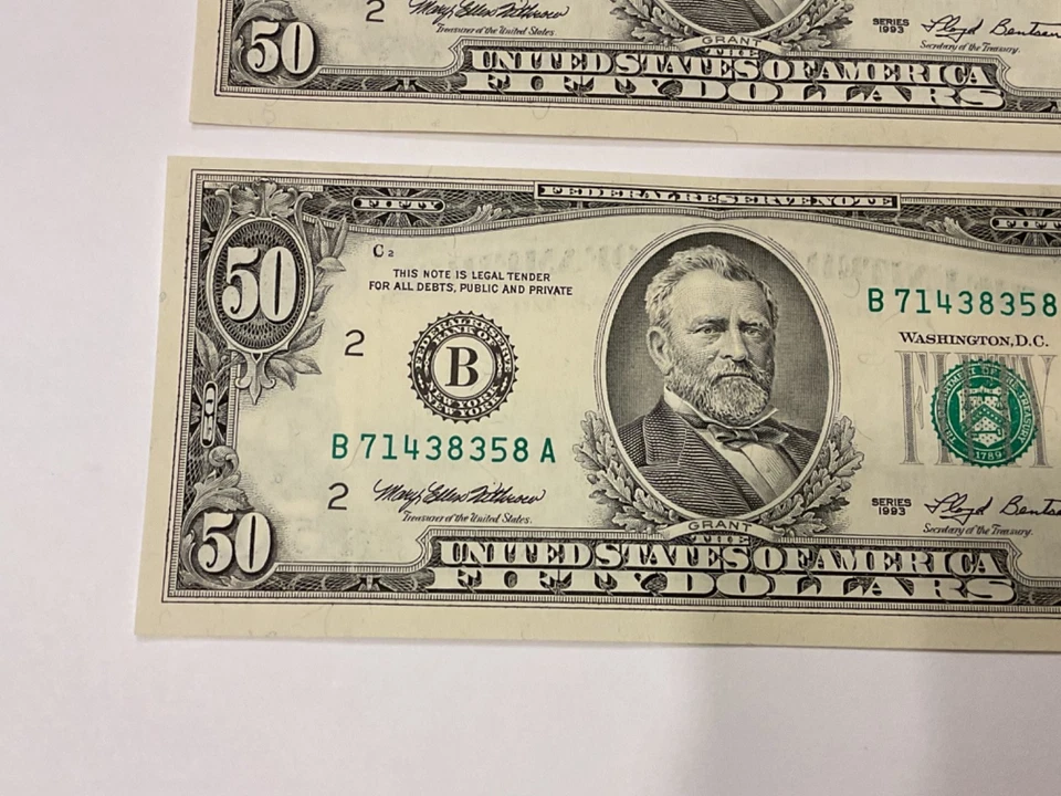 (2) Sequential Pair 1993 $50 Fifty Dollar Bills Ink Bleed EXCELLENT CONDITION - Image 3 of 4