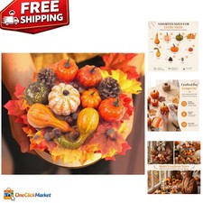 Fall Harvest Decor: 8 Assorted Pumpkins  Faux Maple Leaves for Thanksgiving