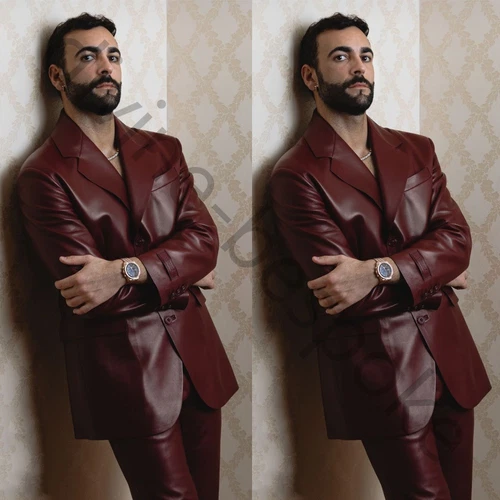 Burgundy Leather Men's Suit Fashion Formal Wedding Tuxedo Party Prom Blazer Pant - Picture 1 of 7