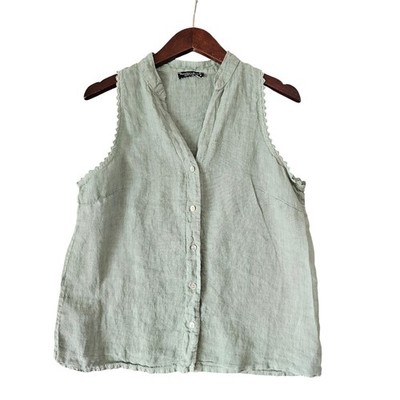 Francesca Bettini Sleeveless Sage Green Linen Button Top sz M Embroidered Trim