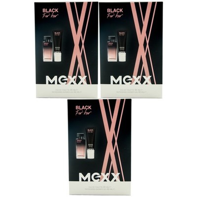 Mexx BLACK WOMAN Geschenkset 3 Sets = 3 x 30ml Eau de Toilette 3 x 50ml Duschgel