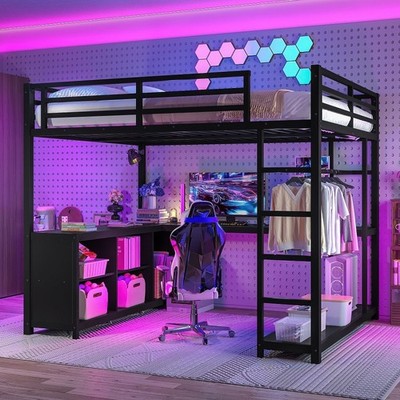 Queen Size Loft Bed with Storage Cubes and Shelves, Loft Bed WardrobeLshapedDesk