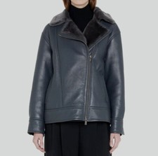 $2995 Theory Women's Gray Oversized Shiny Shearling Moto Jacket Size M