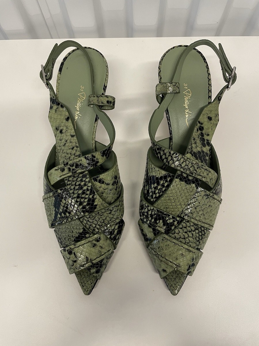 3.1 Phillip Lim サンダル 緑 2020322G0026 3.1 Phillip Lim Green Nina 60 Woven Snake-Effect Leather