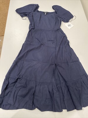 Maxx Linen Sweetheart Flared Ruffle Dress Navy S