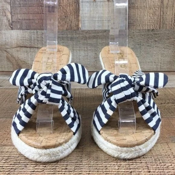 Chicos Navy White Striped Espadrille Wedge Sandals Womens 8 Bow
