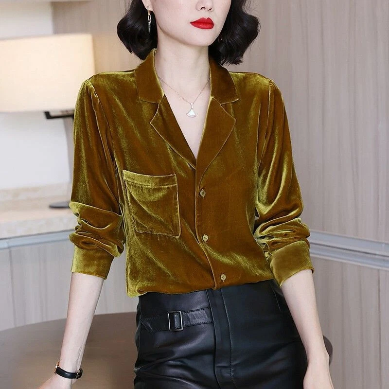 Women Velvet Blouse Shirt Long Sleeve Lapel V Neck Button Up Office Lady  Top