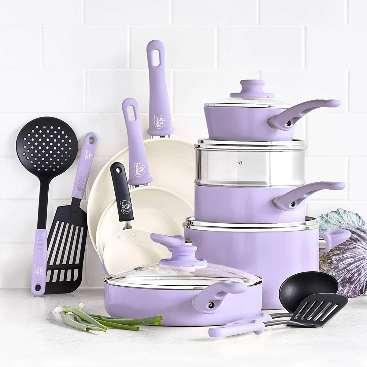 CERAMIC COOKWARE SET NON STICK 16 PCS LID POTS PANS KITCHEN LAVENDER