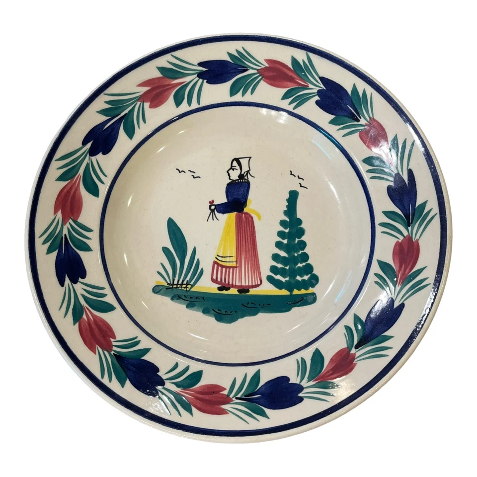 VTG HB Quimper Mistral Blue Lady 3 Lot Soup Cereal 9.25in Bowl Henriot France - Image 3 of 4