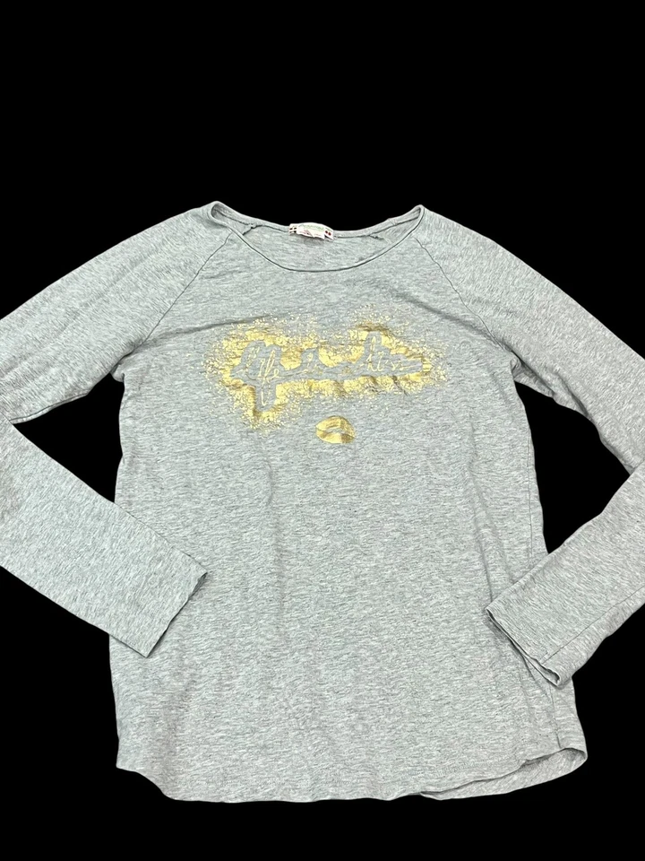 BONPOINT GIRLS LONG SLEEVE GRAY TEE T SHIRT GOLD FOIL LIFE IS A KISS XS 14 - Image 3 of 4