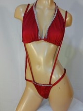 Exotic dancer stripper medium red sling two piece bikini dance outfit-dancewear
