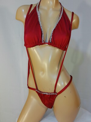 Exotic dancer stripper medium red sling two piece bikini dance outfit-dancewear
