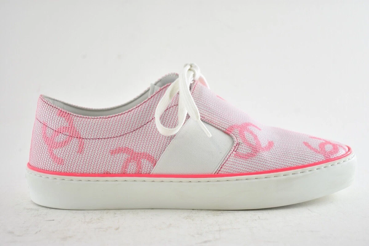 Chanel 18P Neon Pink White CC Slip On Lace Up Flat Runner Trainer Sneaker 38.5
