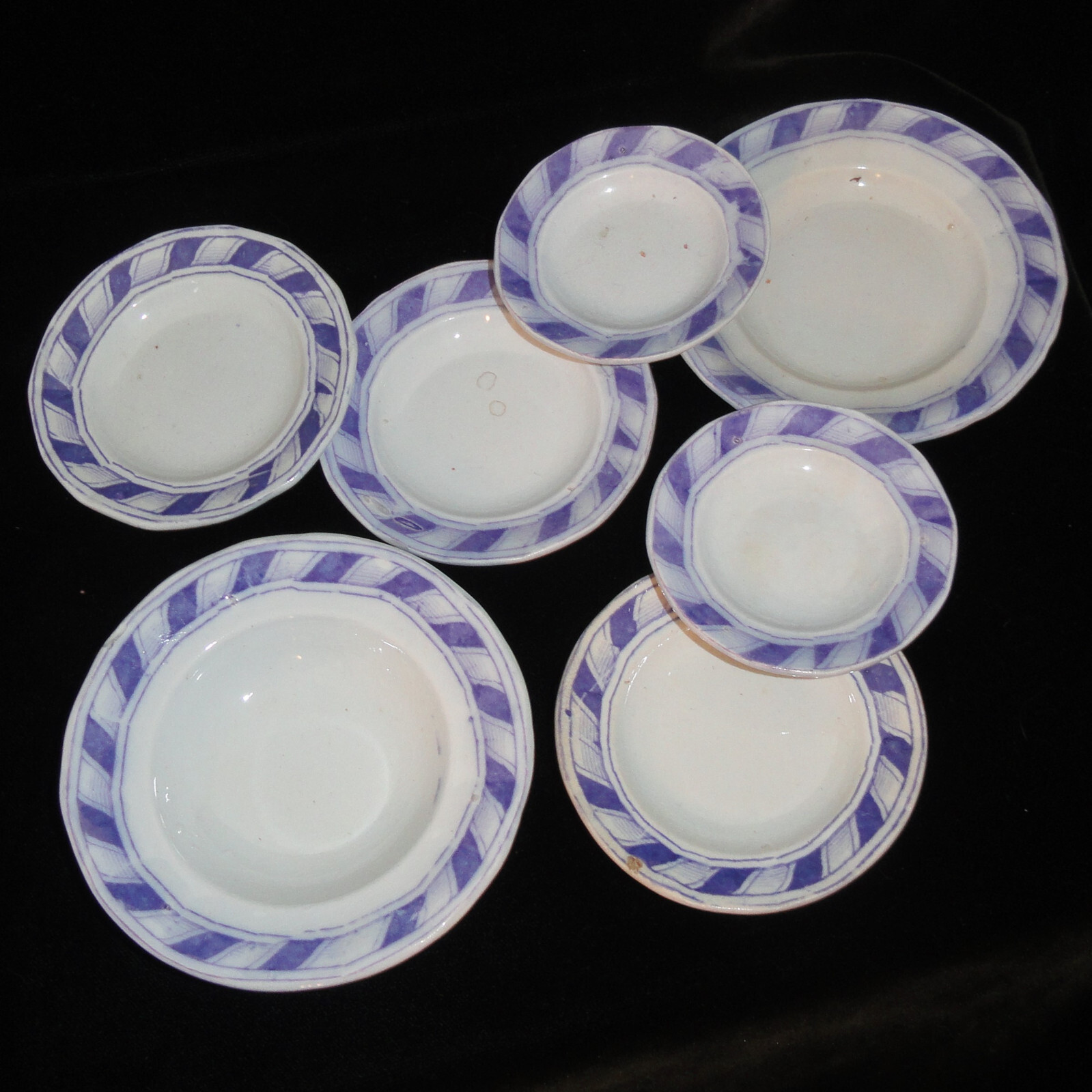 Set of 7 Staffordshire Childs Toy Dinner Set Plates Purple Ironstone STRIPE 1820