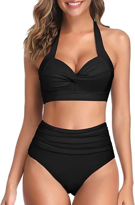 Damen High Waist Retro 2Tlg. Bademode Schwarz Mehrfarbig Bikini Set Sexy - Bild 4 von 4