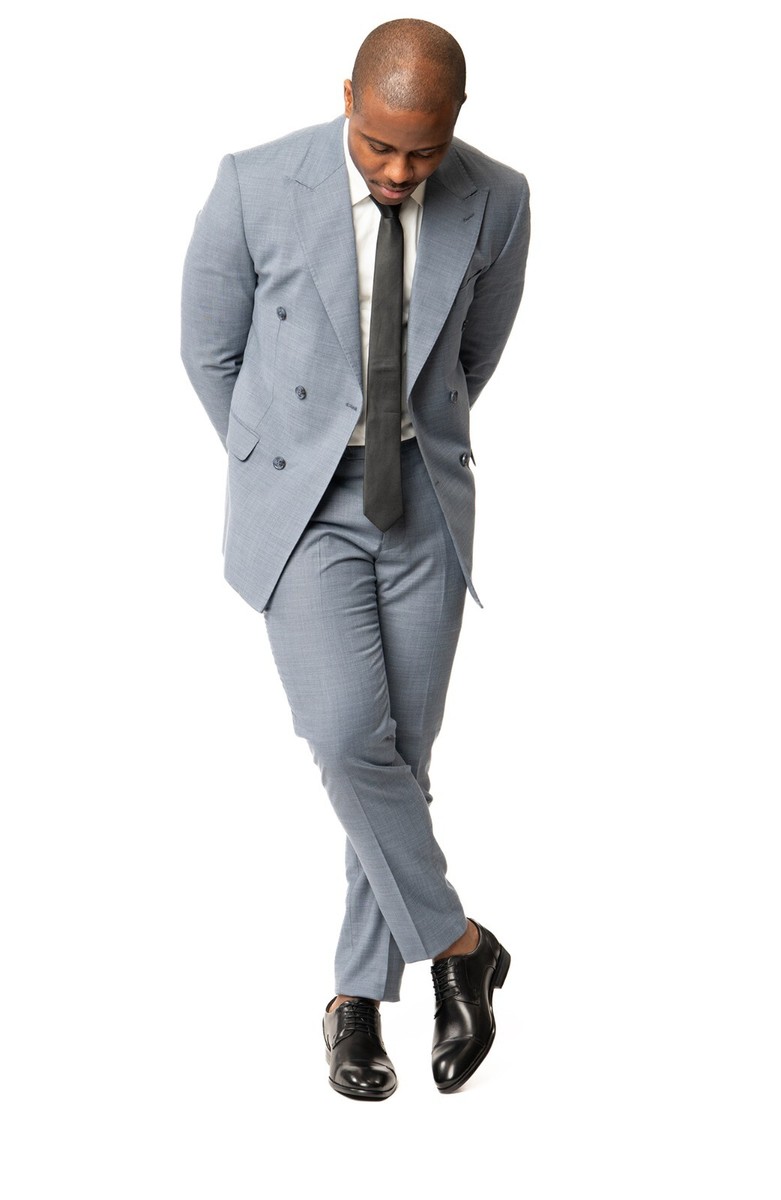 Slim Fit Double Breast Slate Blue Grey Mens Suit 2 Button Peak