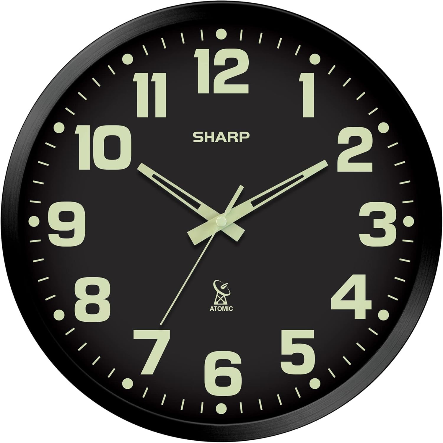 Sharp Glow in the Dark Atomic Analog Wall Clock - 12" Clock with Black Frame - S