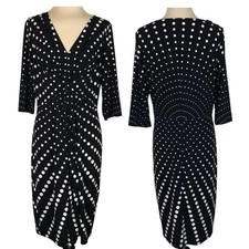 TAHARI Black White Polka Dot DRESS M Stretch Knee Party Office Career Church