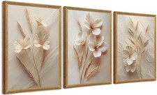 FYLDPSB 3Pcs Framed Neutral Beige Floral Canvas Wall 16"L x 12"W 3D Flowers