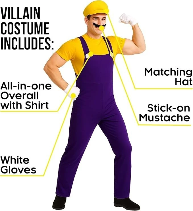 Adulto Super Mario Brothers Wario Disfraz Hombre Amarillo Fontanero Sombrero Bigote L XL Foto 2 de 4