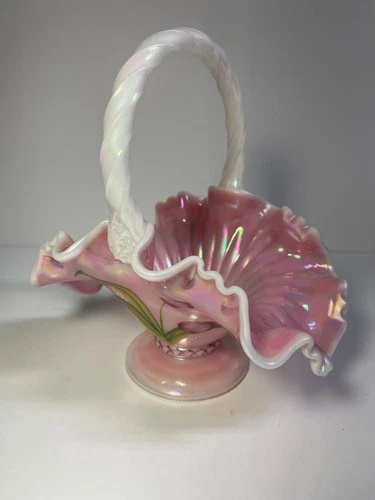 Fenton Art Glass Large 8.5" tall Easter Basket - Hand Painted by M. Caplinger