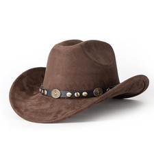 Western Cowboy Hat for Men Women Wide Brim Suede Medium Black Belt /Coffee