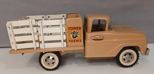 Vintage Tonka Farms Stake Truck 1960-61 Pressed Steel Tan/Beige Original Rails