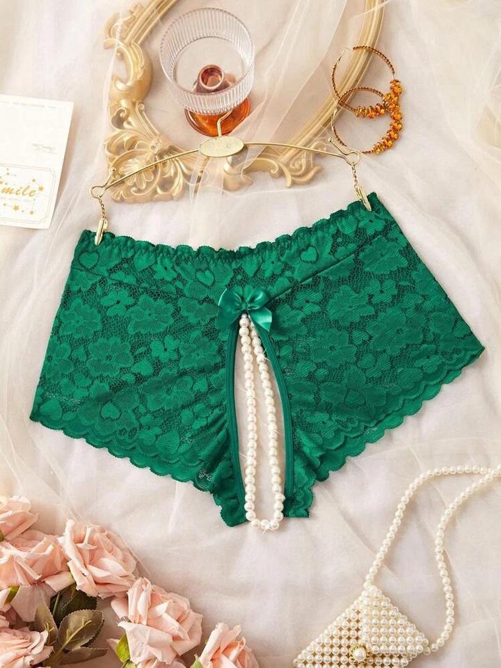 Bragas de Colección Estilo Verde Floral Encaje Entrepierna Abierta Imitación Perla Cadena XL ¡NUEVAS! Foto 4 de 4