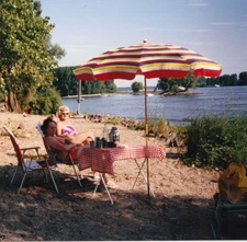 VINTAGE Color Photo Women Camping Lakeside River Bank Umbrella Retro Summer