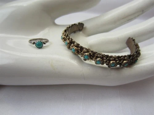 Vintage Silver Metal Turquoise Mexico Child's Bracelet & Sterling Tiny RING Lot