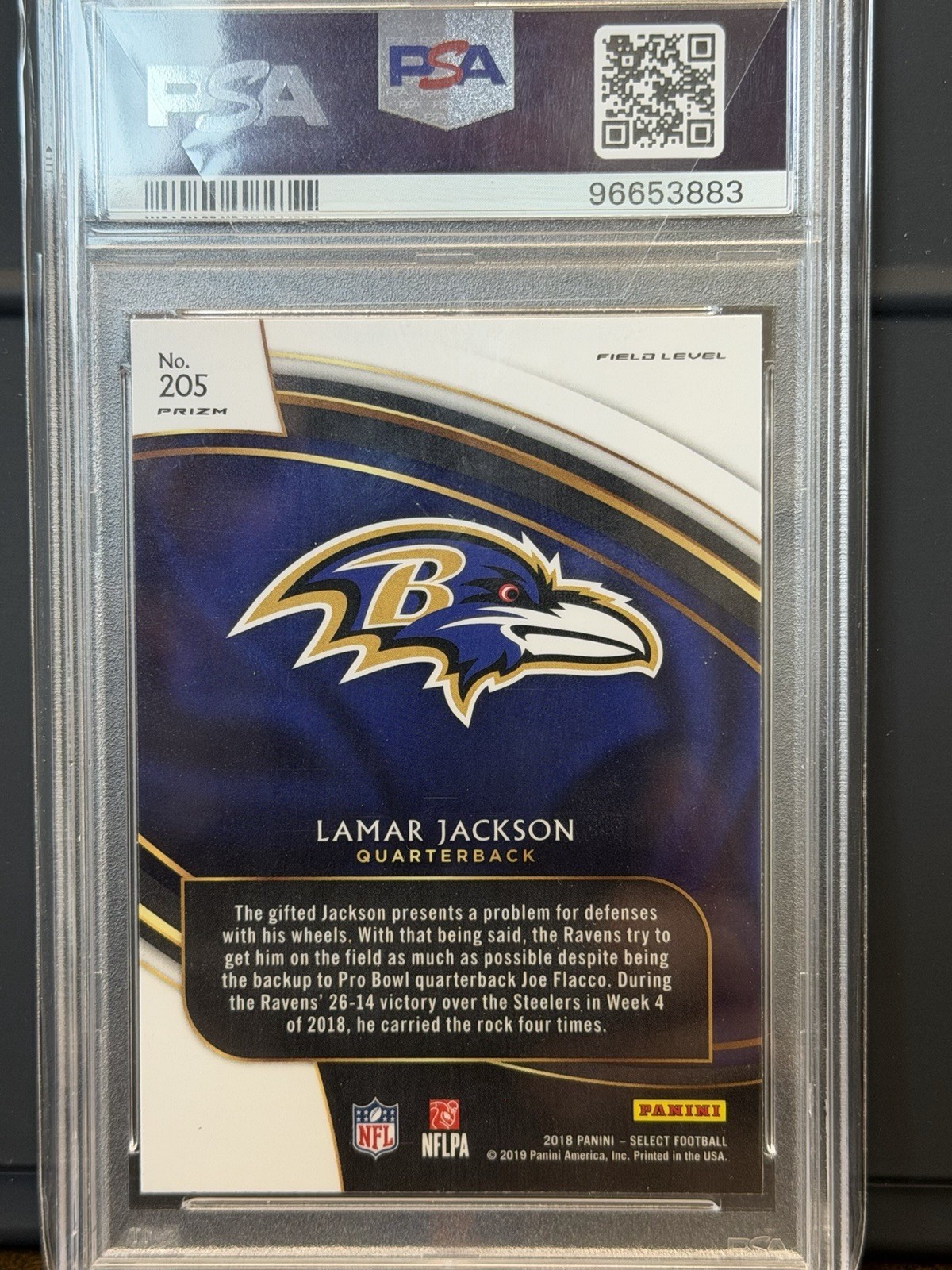 2018 PANINI SELECT SILVER PRIZM LAMAR JACKSON RC PSA 10 GEM MT Field Level view 2