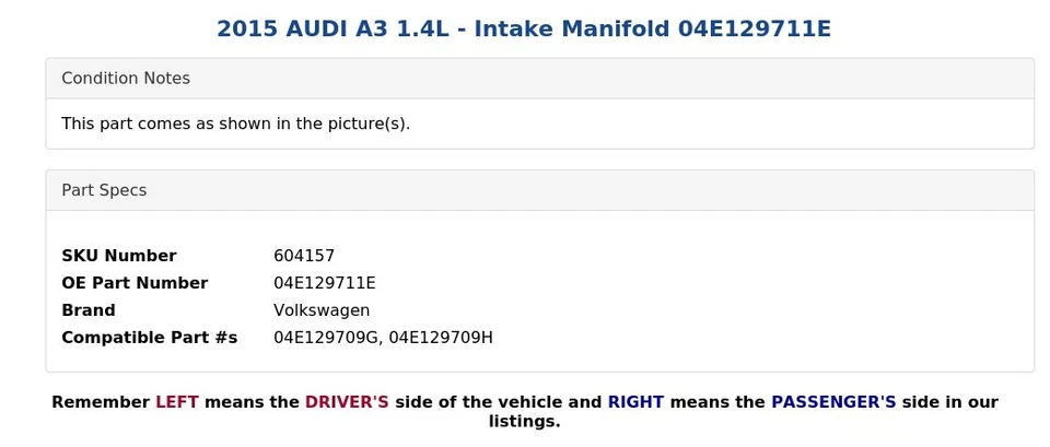 2015 AUDI A3 1.4L - Intake Manifold 04E129711E - Imagem 4 de 4