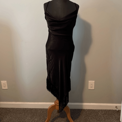 Thirty Thirty Women's Black Sleeveless Cowl Neck Fringe Asymmetrical Dress