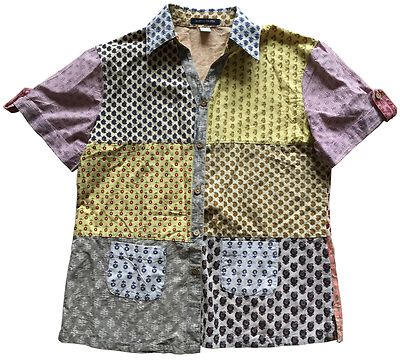 BOSTON PROPER Shirt/Tunic Button-Down Indian Print Patchwork Cotton Women s Sz S