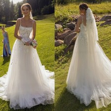 Elegant Spaghetti Strap Wedding Dresses Square Neck Lace Appliques Bridal Gowns