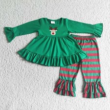 Girls Reindeer Embroidery Tunic Stripe Ruffle Pants Set 2pcs Christmas Outfit