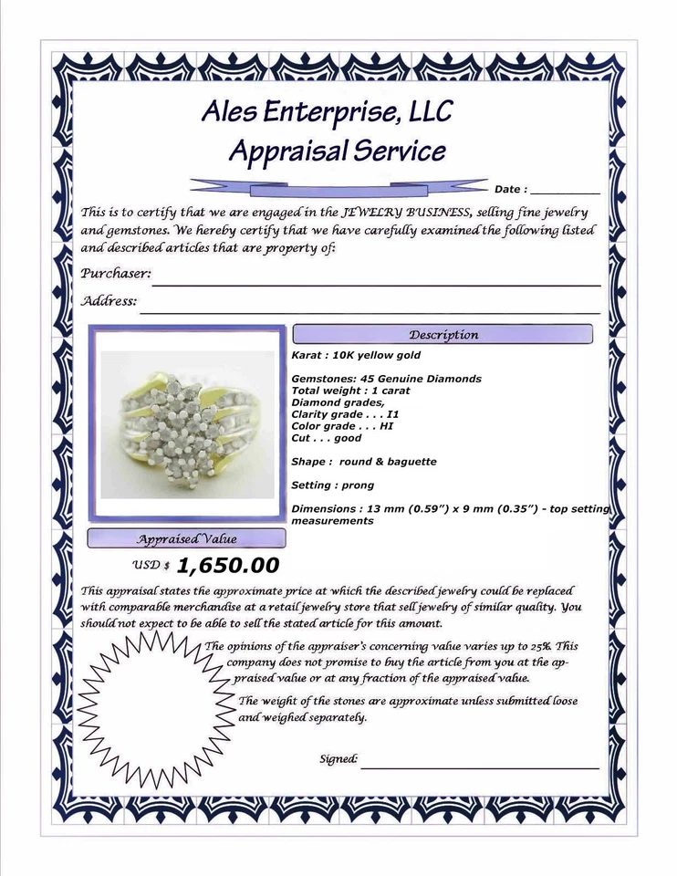 GENUINE DIAMONDS COCKTAIL RING 10k YELLOW GOLD - Free Certificate Appraisal - Image 4 of 4