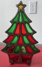 Vintage Christmas Tree Stained Glass Votive Candle Holder Foldable Red Green 8  