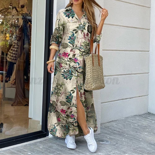 Damen Freizeit Kragen Langarm Shirt Kleid Blumen Knöpfe Lose Midikleid - Bild 36 von 46