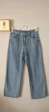 Jeans with rhinestones Unbrande Womens  size Small Good Condition  Blue  Zipper 