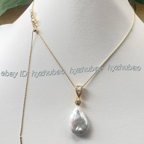 Natural South Sea White Flat Baroque Keshi Pearl Pendant Gold Chain Necklace AAA - Picture 23 of 30