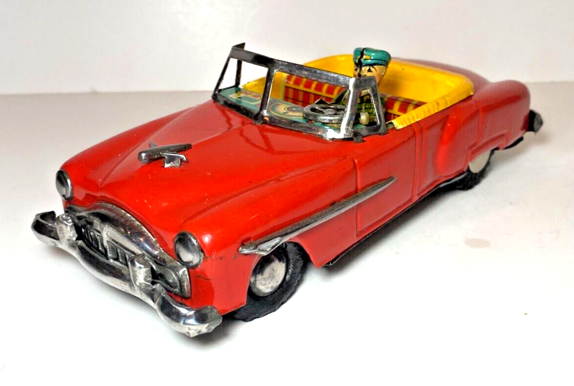 1950s Japan Tin Litho Red Packard Two Door Convertible Friction Toy w