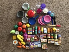 65pc Pretend Play Food, Pot Pans Dishes Cups Egg Soda Cereal Grapes Bananas